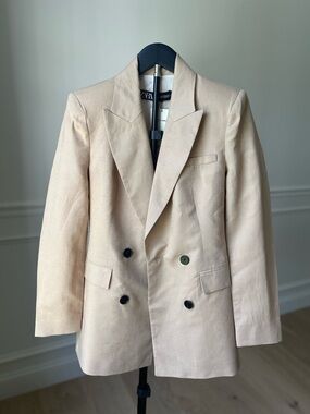 ZARA Neutral LINEN Cream Double-Breasted Blazer